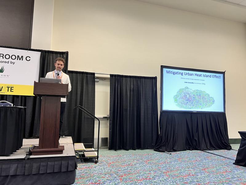 Colter Sonneville talking about urban heat island mitigation in urban landscaping at the ASLA conference 2023.