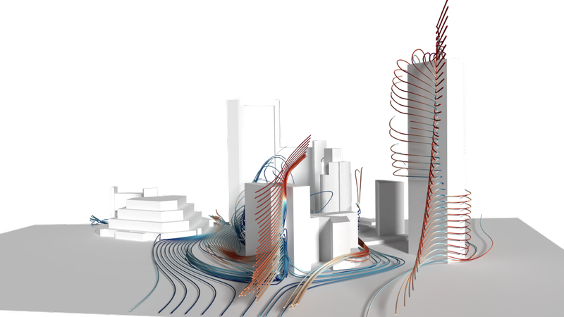 Wind streamlines from one of our architecture wind simulations - side view.