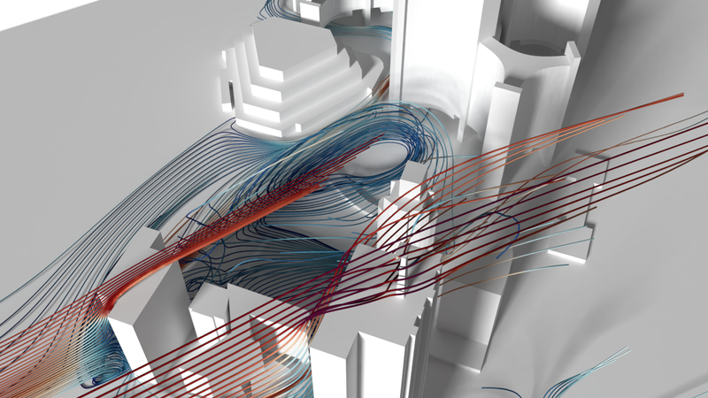 Wind streamlines from one of our architecture wind simulations - top view.