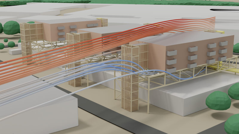Simulated wind streamlines around apartment building design.