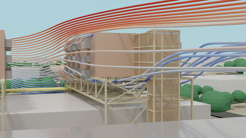 Wind flow visualization between buildings and structural steel work for architecture competition.