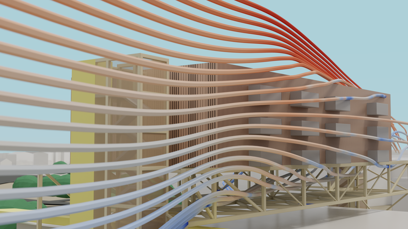 Wind streamlines visualization for balconies for architecture competition.