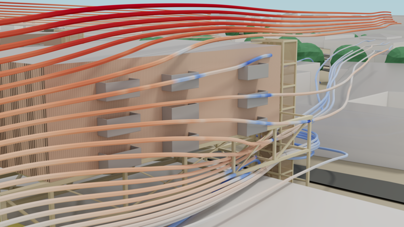 Architecture wind streamline simulation.