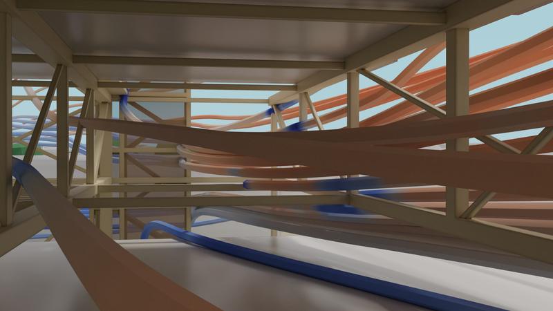 Wind simulation through structural steel construction.