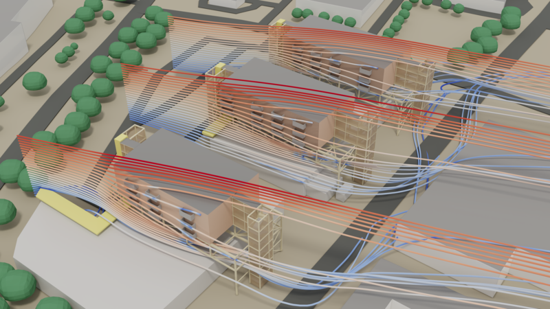 Simulated wind streamlines around apartment building design for architecture competition.
