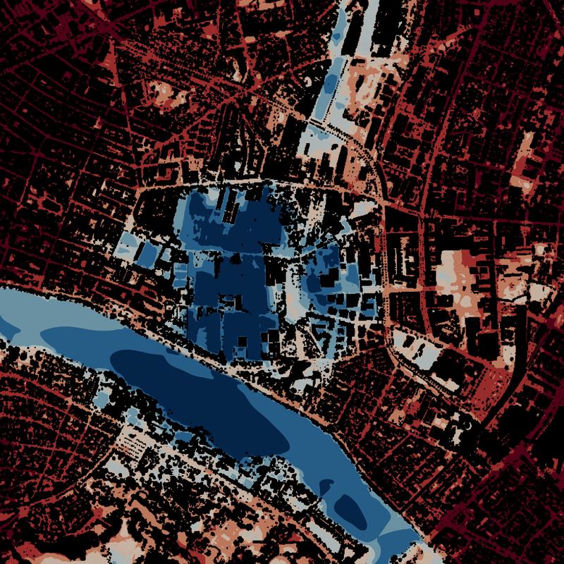 Air temperature at pedestrian level (1.5m above ground level) two hours after sunset. Dark blue is 4°C cooler than dark red.
