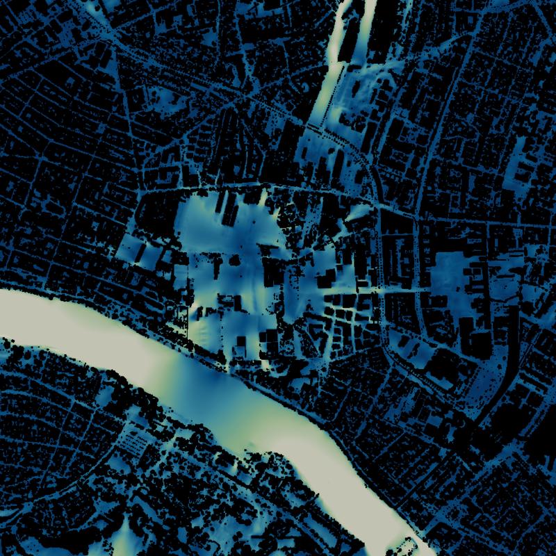 Cool air transport at pedestrian level (1.5m above ground level) two hours after sunset. Vegetation and buildings are coloured black for better visibility.