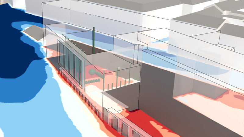 Apparent temperature in the courtyard geometry with transparent building geometry - higher air velocity in the thoroughfare gives lower AT.