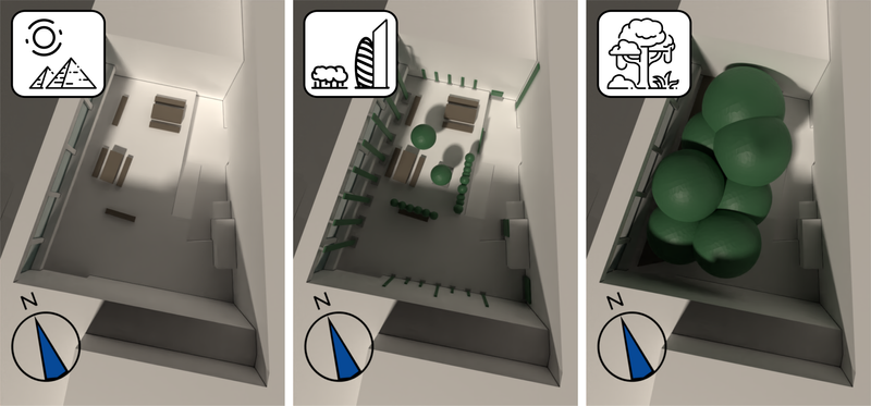 Renders of the three greening scenarios looking down into the courtyard.