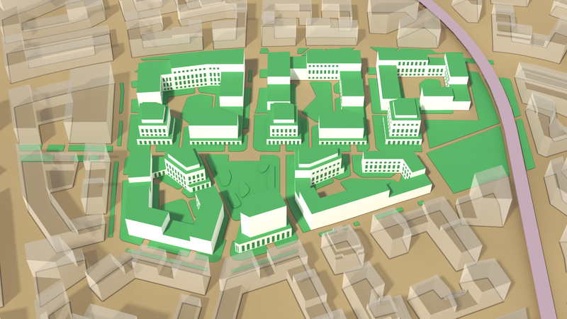 Building volumes, green roofs and walls as well as pedestrian-level green areas of the urban planning area. Surrounding buildings that were included for precise simulation of the target area are shown as transparent volumes