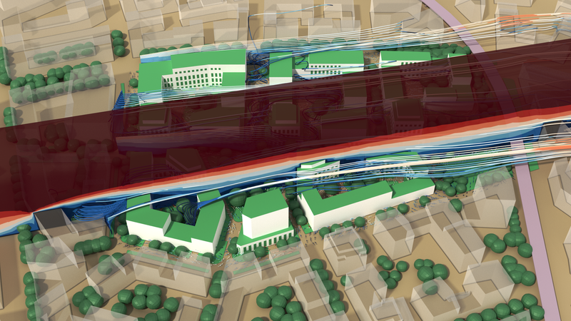 Overview of simulation domain showing wind velocity over planned buildings.