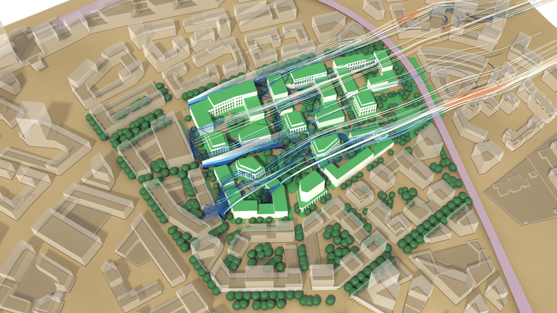 Überblick über das Simulationsgebiet mit Wind-Strömungslinien über Gebäuden.