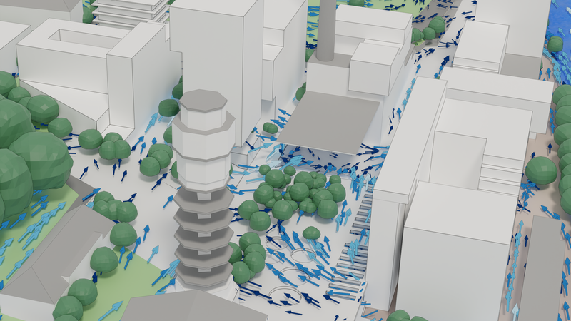 Details of air flow around the central theater place for wind from West.