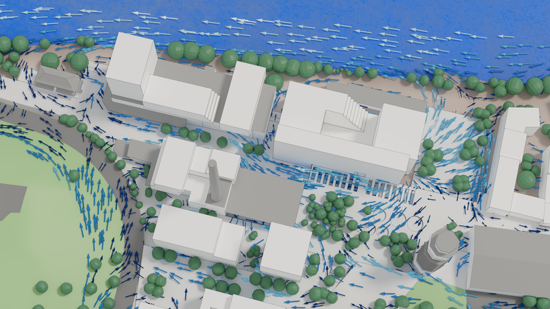 Details of wind flow in public place. Notice the flow on various levels and through the underpass.