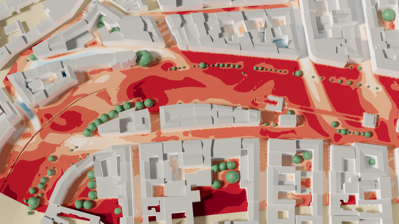 Simulated felt urban microclimate for a hot summer day.