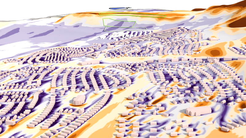 Turbulent kinetic wind energy [m²/s²] around buildings 6ft above ground.