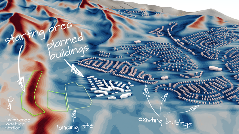 Hang gliding and paragliding area of UHGPGA - annotated site overview with wind velocity 6ft above ground.