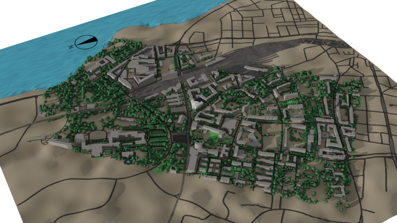 Overview of the simulated area, results were focussed on wind around the UNHCR building.