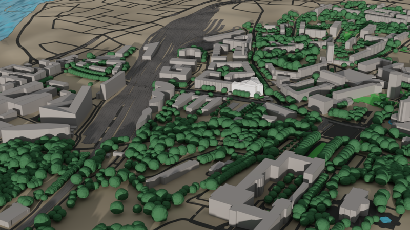 View of the UNHCR building model including trees from open data in Geneva.