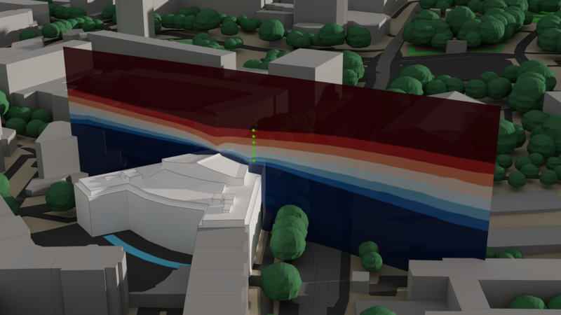 Close-up of wind velocity around the UNHCR building in Geneva.