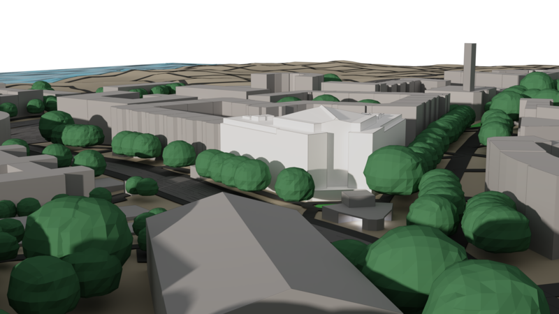 Close-up of simulated urban building geometry of the UNHCR building in Geneva, Switzerland.