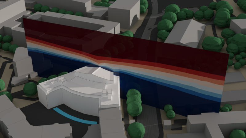 Simulated wind velocity over the UNHCR building in Geneva.