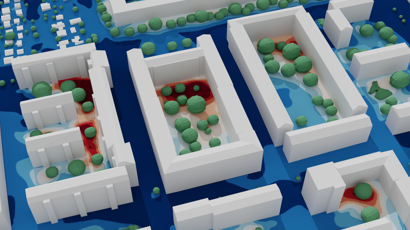 Absolute humidity in courtyard with trees - urban microclimate simulation.