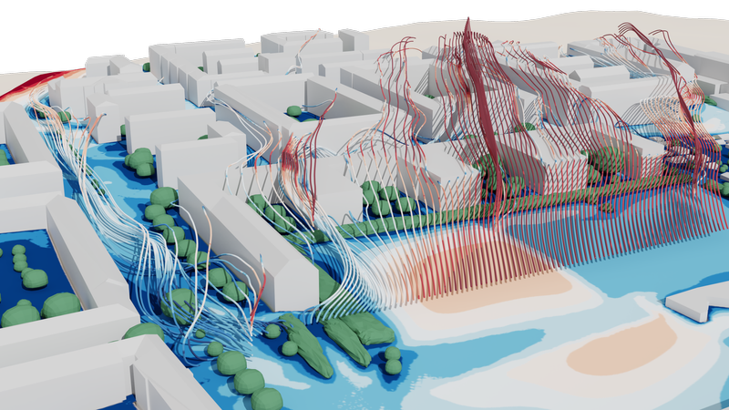 Wind velocity and streamlines in urban microclimate simulation.