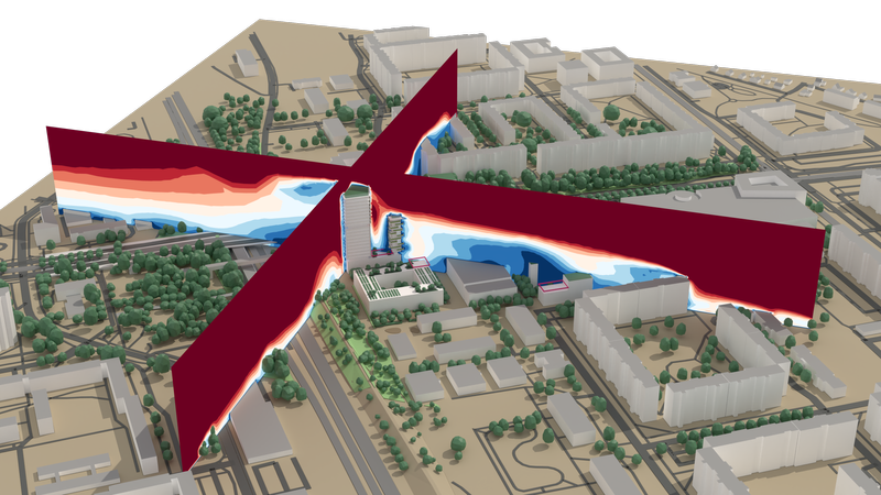 Wind velocity around high-rise buildings in stream direction and span direction.