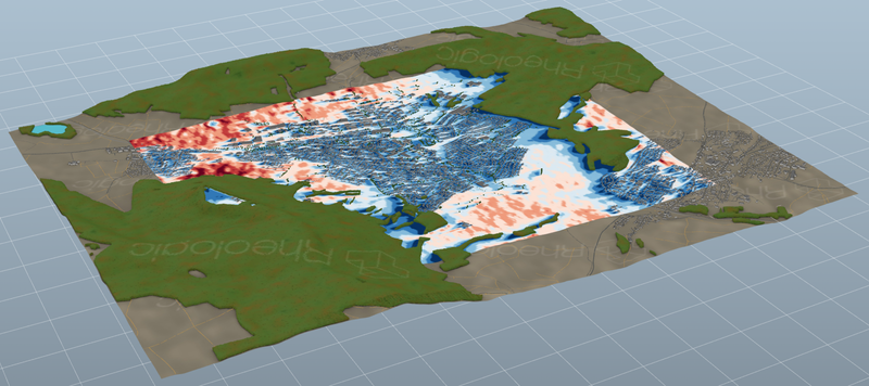 Overview of the simulated area around the city of Spaichingen, Germany. Colors show wind velocity for west wind.