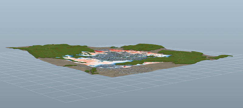 Overview of the simulated area around the city of Spaichingen, Germany. The elevation view shows the terrain. Colors show wind velocity for west wind.