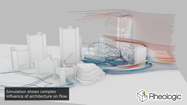 Wind streamlines around high-rise building.