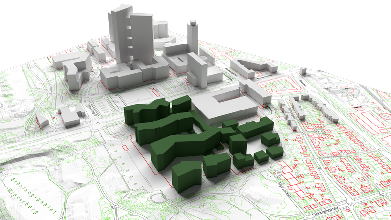 Inofficial, rough building design, terrain and map of biotope city Vienna.