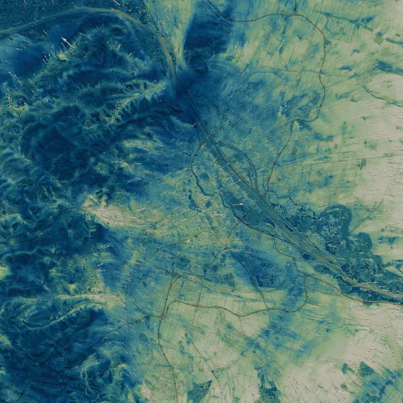 Cool air transport (velocity * deltaT). Dark blue: low. Light green: high. Vectors indicate flow direction. Vector length is proportional to velocity.