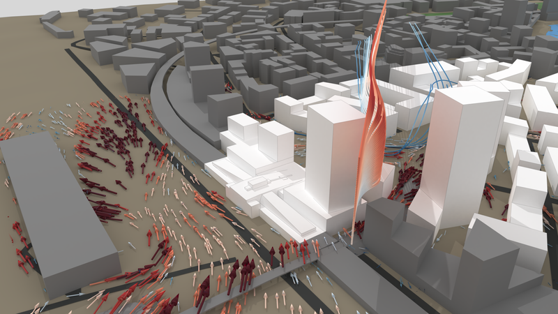 Wind vector visualization around urban planning city block.