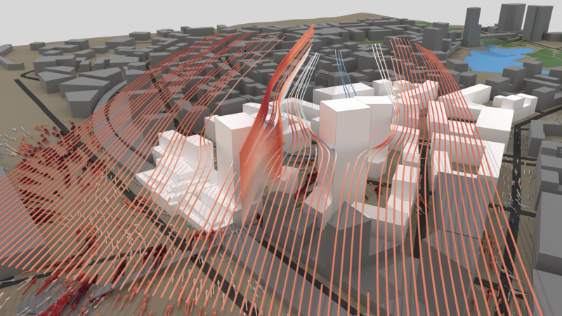 Wind flow visualization around high-rise building.