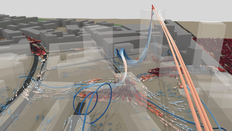Downwash / downdraft windflow visualization for high-rise buildings.
