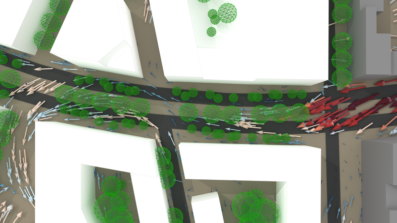 Pedestrian wind comfort planning for urban environments. Street canyon wind and tree effect.