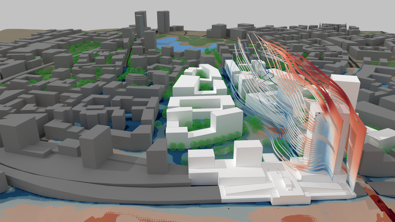 Wind streamlines over high buildings in urban master planning project.