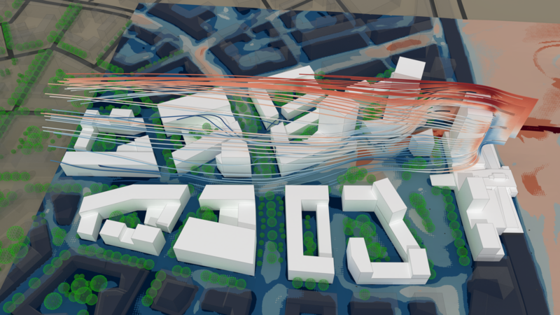 Wind flow visualization with streamlines for urban master planning and zoning around high-rise buildings.