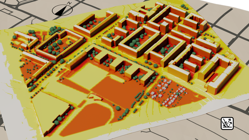 Urban microclimate simulation - solar radiation on surfaces including shadows from buildings and trees.