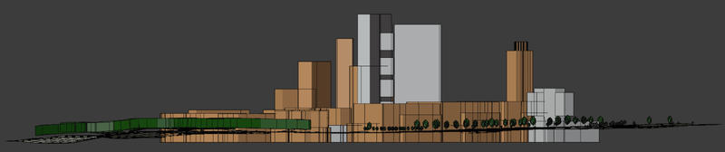 Elevation of a architectural project including terrain. Note how buildings extend into the ground to prevent gaps between building and terrain and to present a single surface against the atmosphere.
